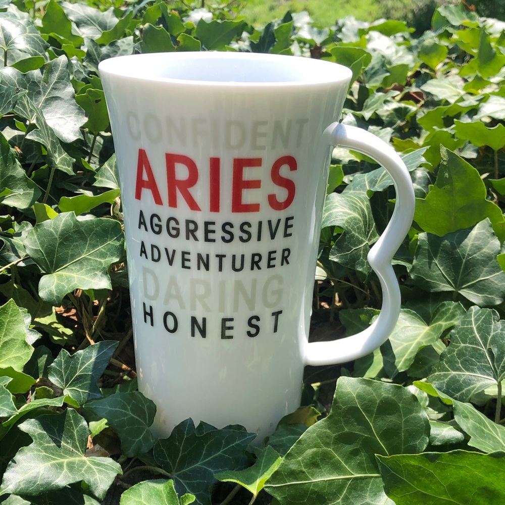 Aries Ceramic Mug - White with Red & Black Zodiac Text